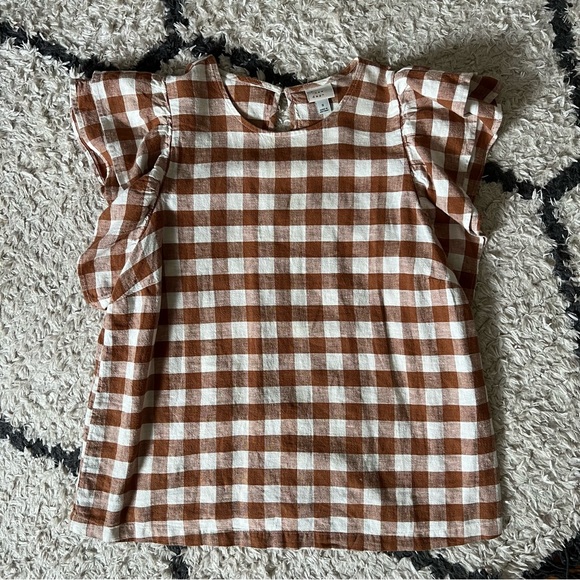a new day Tops - Brown Gingham Flutter Sleeve Shirt / a new day / Small /  Linen Blend